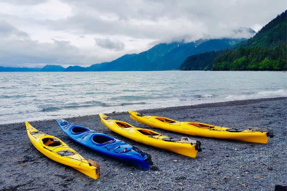 Three tandem kayaks and one single person kayak on a beach
