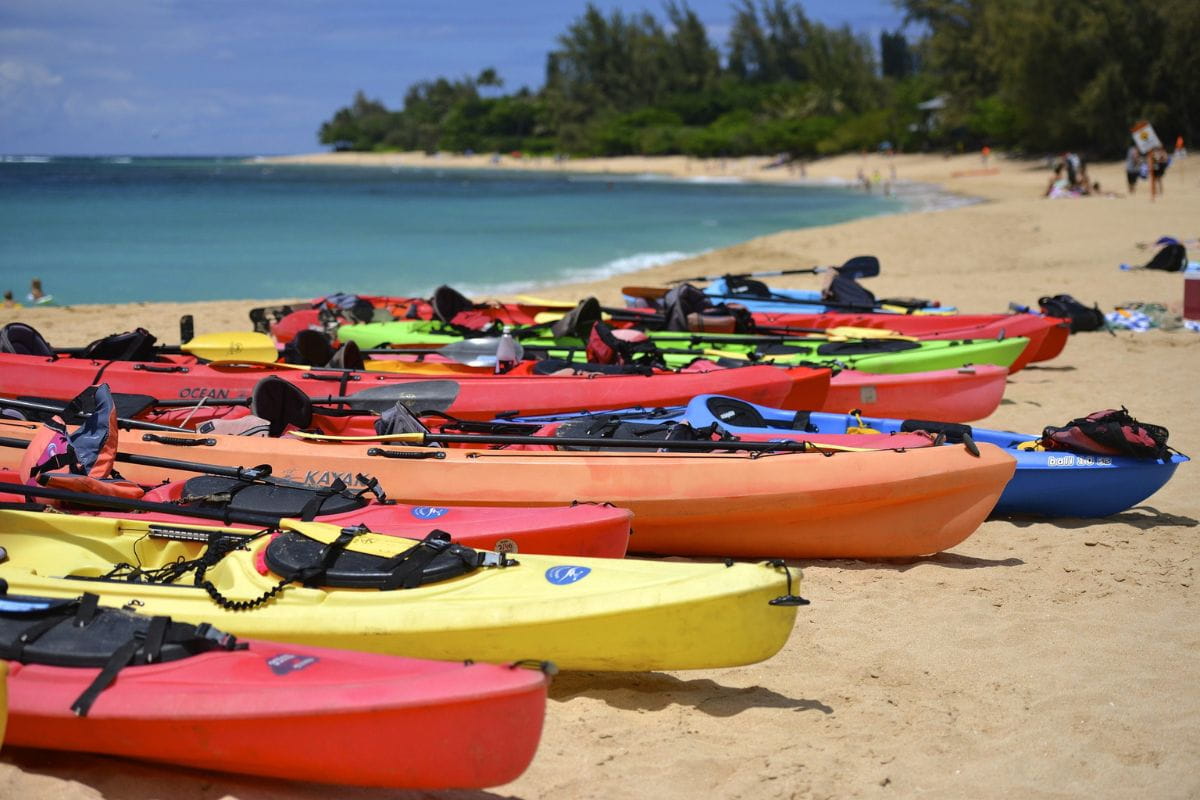 Multiple different colored kayaks on the sand by the beach