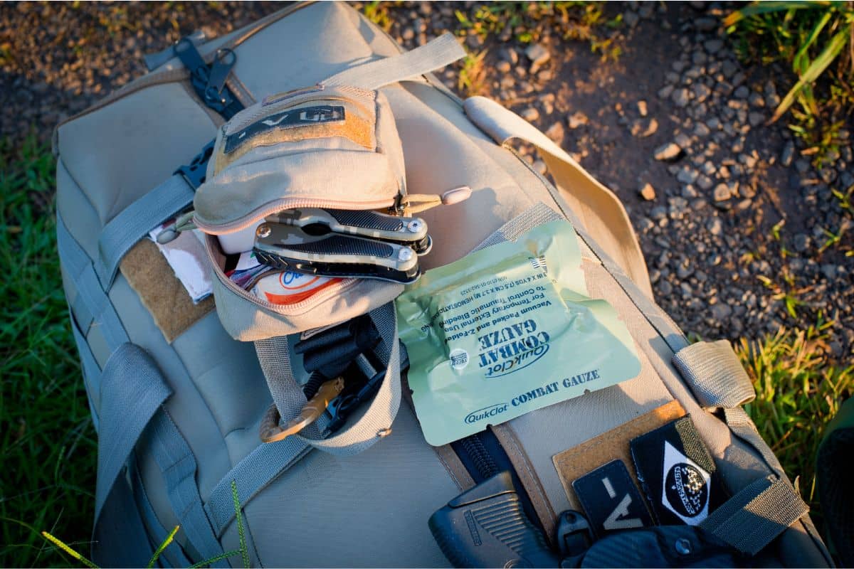 Khaki bag containing a first aid kit