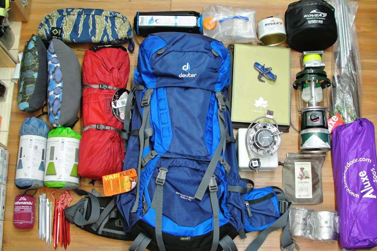 Camping supplies and equipment arranged in an organized manner