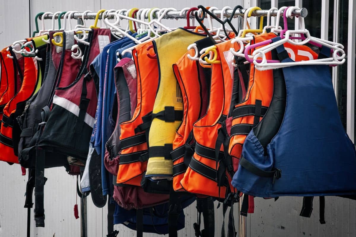 Multiple different types of personal flotation devices or life jackets